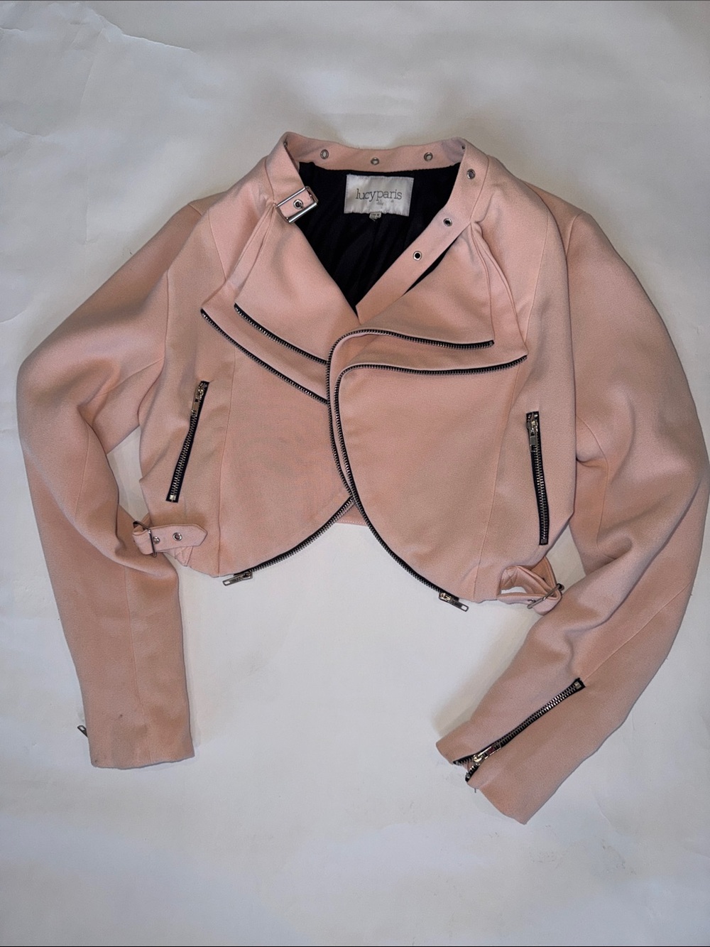 Lucy Paris Blush Pink Cropped Moto Leather Jacket